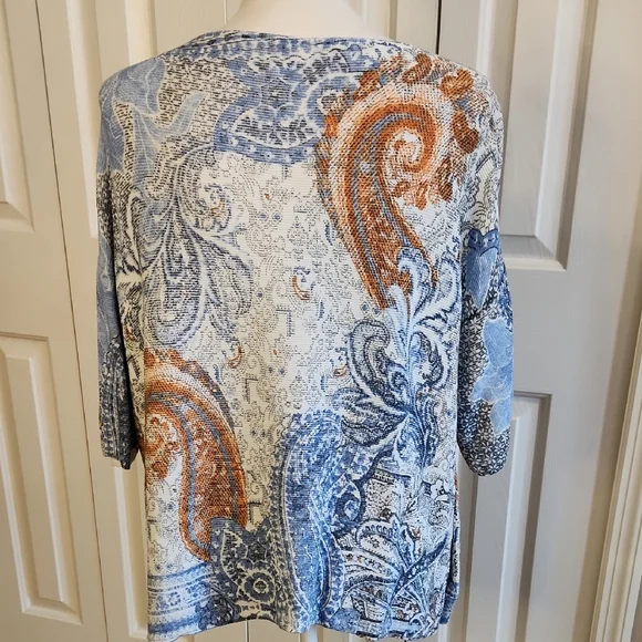 Chico's Blue and White 3/4 Sleeve Relaxed Blouse - Picture 6 of 12